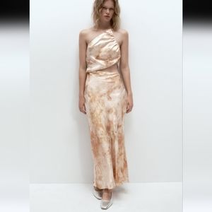 Zara One-Shoulder Cream and Gold Dress